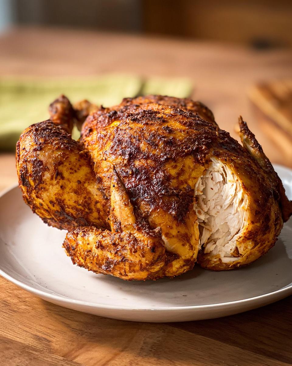 A whole, seasoned, and perfectly cooked Air Fryer Chicken resting on a white plate, showing juicy white meat.