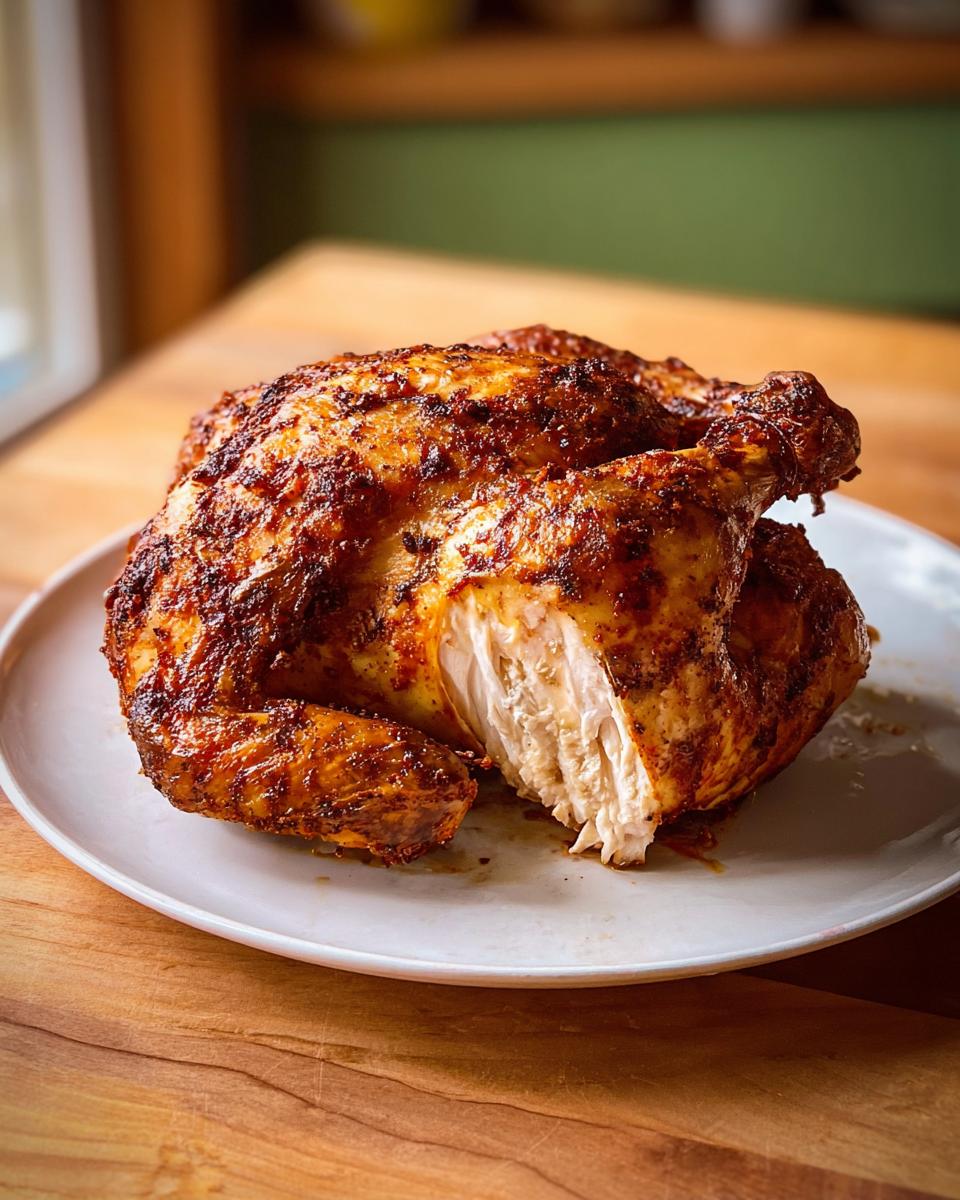 A whole, roasted, seasoned chicken with crispy skin, sliced open to show juicy white meat, perfect for Air Fryer Chicken Recipes Guide.