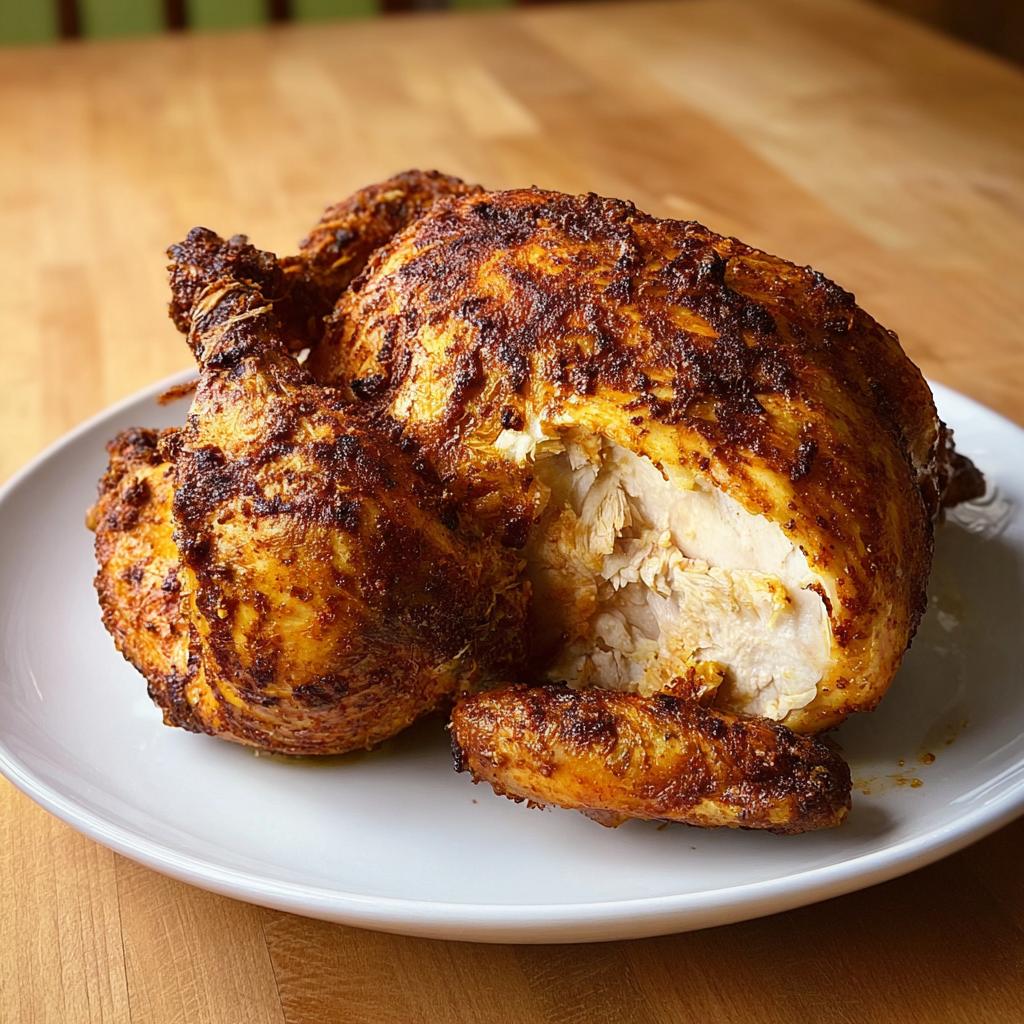 A whole, perfectly roasted, seasoned air fryer chicken with crispy skin, showing juicy white meat inside.