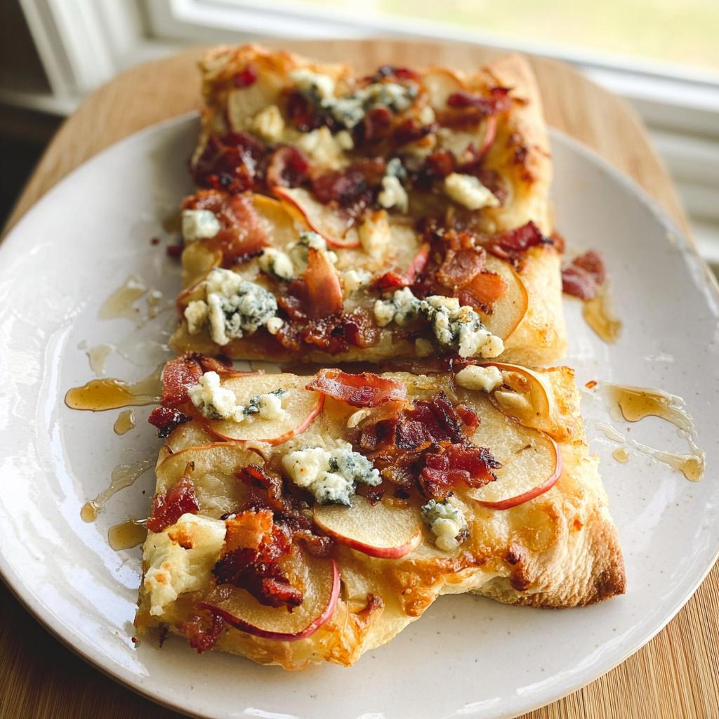 Two slices of apple, bacon, and blue cheese tart drizzled with honey, perfect for 10-Ingredient Pizza Night Recipes.