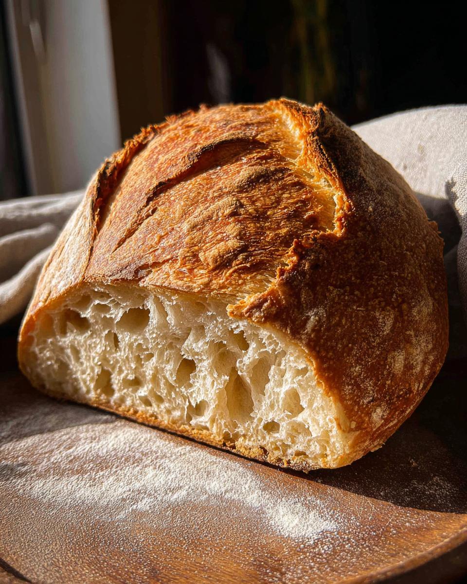 A loaf of freshly baked artisan bread, cut in half to show the airy, open crumb, resting on a floured wooden board.