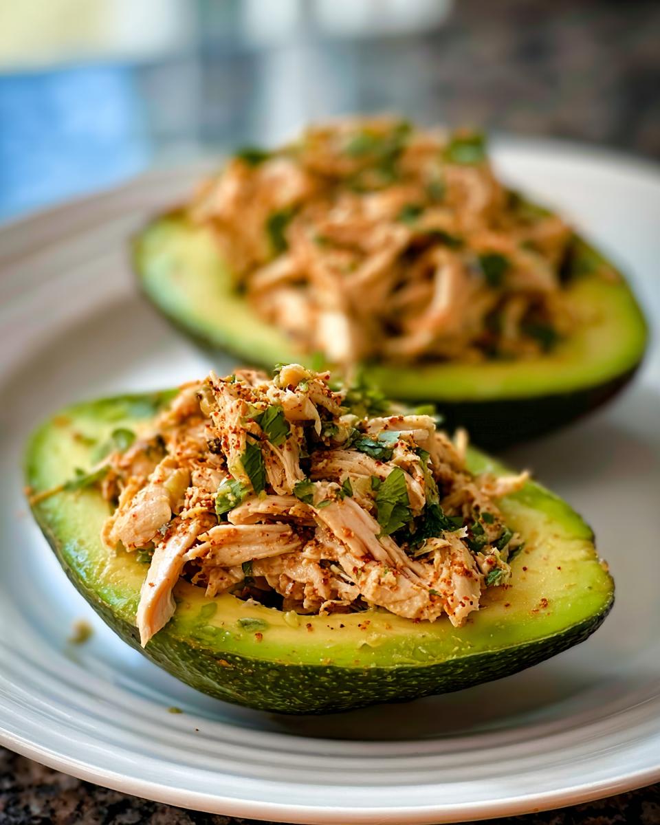 Two avocado halves filled with seasoned shredded chicken salad, a great option for quick Sandwich Ideas Recipes in 20 Minutes.