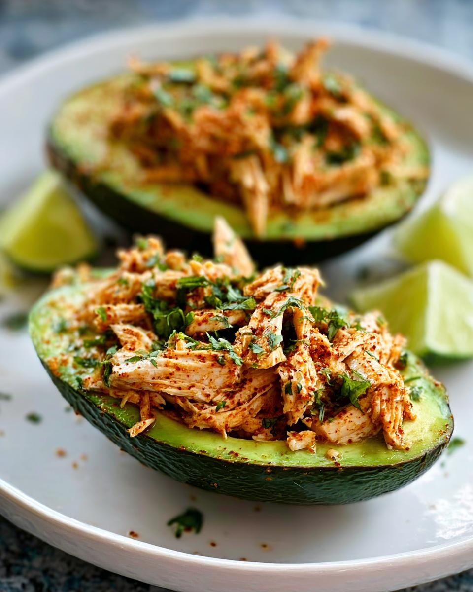 Two halves of an avocado filled with seasoned shredded chicken and cilantro, served with lime wedges, a great option for Sandwich Ideas Recipes in 20 Minutes.