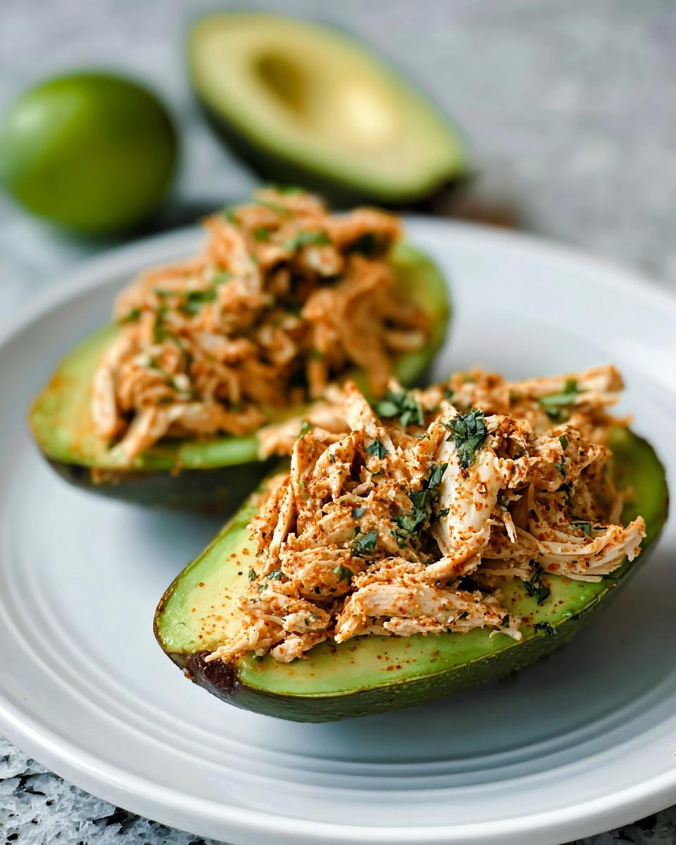 Two halves of an avocado filled with seasoned shredded chicken, a great addition to Sandwich Ideas Recipes in 20 Minutes.