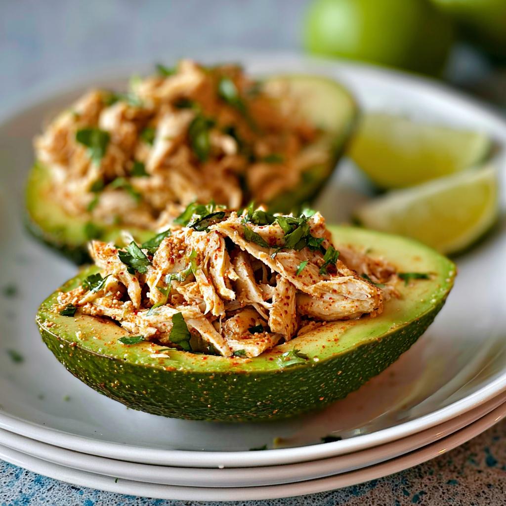 Two halves of an avocado filled with seasoned shredded chicken, a great option for Sandwich Ideas Recipes in 20 Minutes.