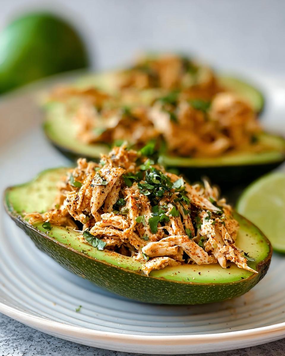 Spicy shredded chicken filling served inside a halved avocado, a great option for Sandwich Ideas Recipes in 20 Minutes.