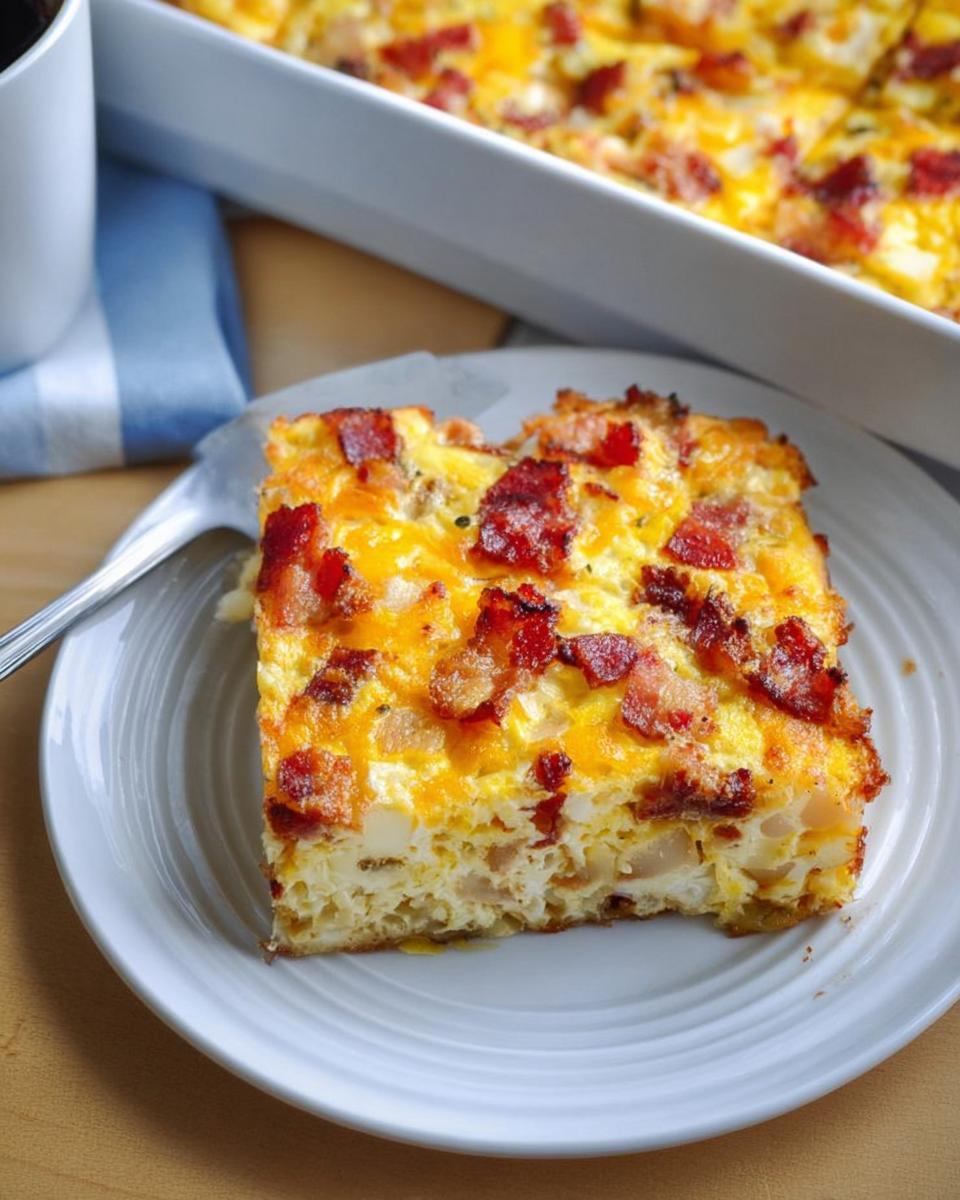 A square slice of bacon and cheese breakfast casserole served on a white plate.