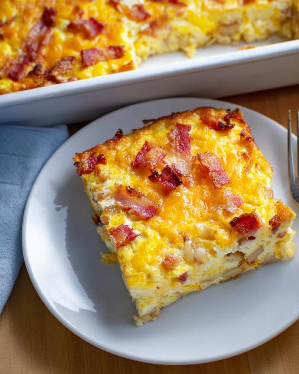 A hearty slice of bacon and cheese breakfast casserole with potatoes, served on a white plate.