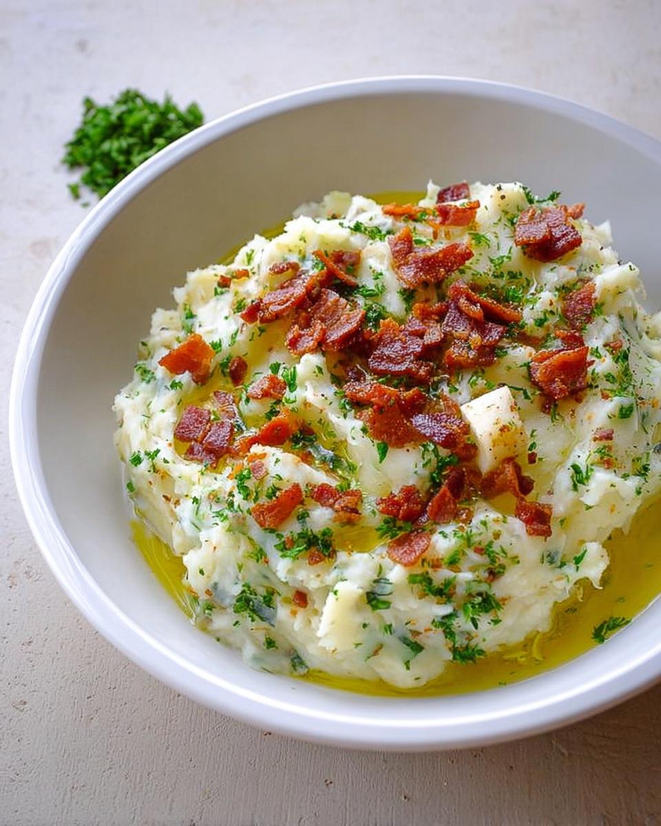 A bowl of creamy mashed potatoes topped with crispy bacon bits, fresh parsley, and melted butter.