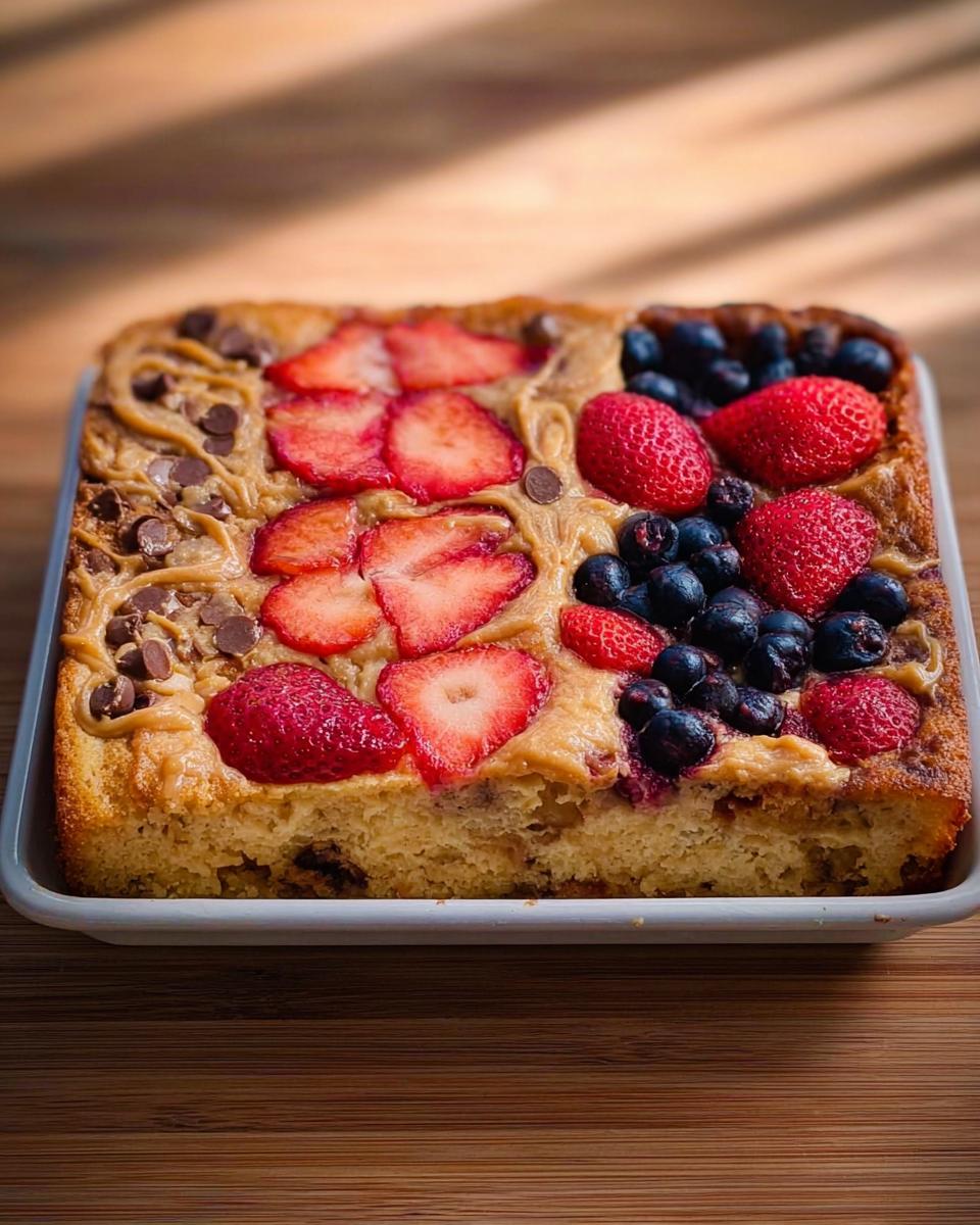 A square baked breakfast cake topped with peanut butter swirls, fresh strawberries, and blueberries, fitting 10-Ingredient Breakfast Ideas Recipes.