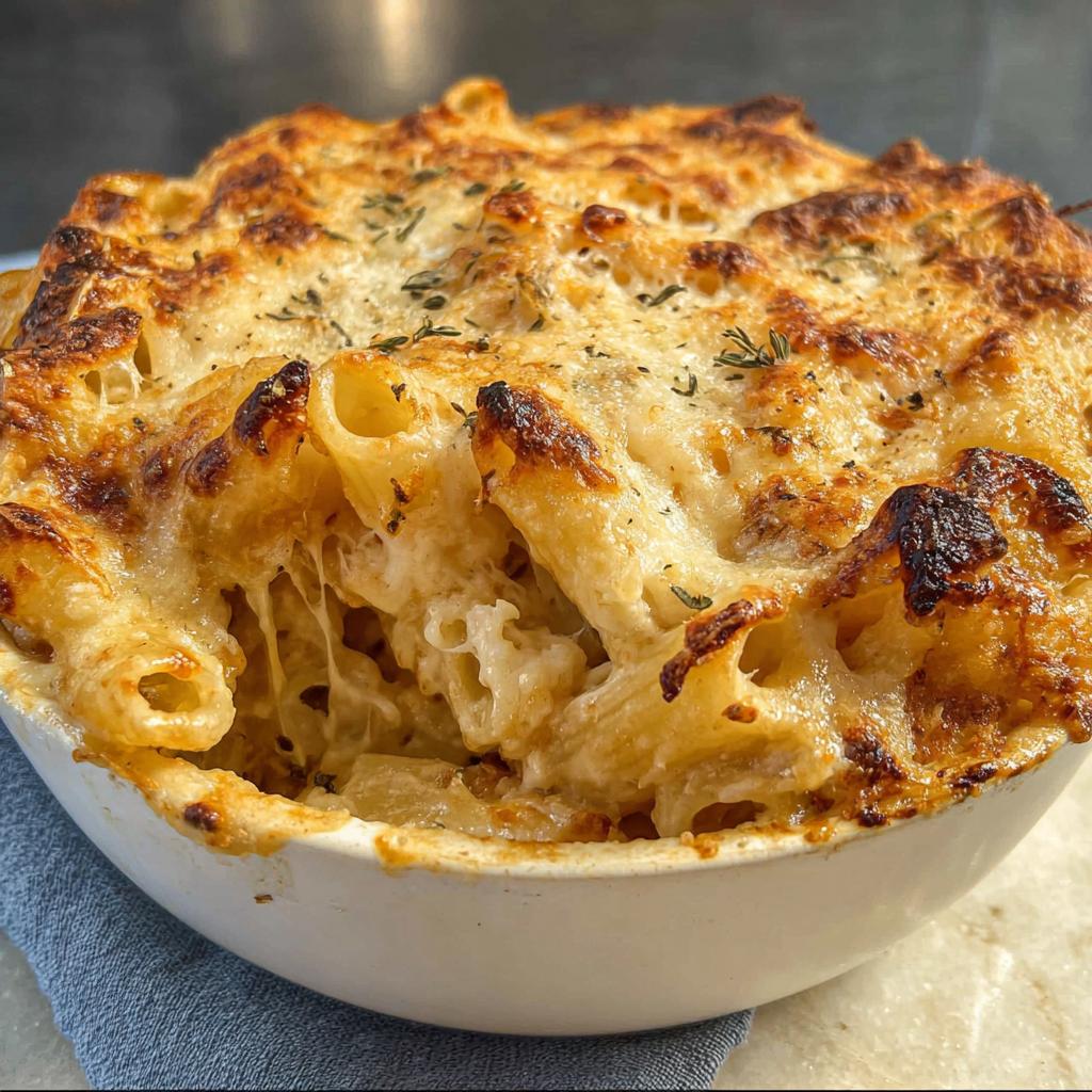 Close-up of a baked, cheesy pasta casserole with a golden-brown crust, perfect for pasta recipes cravings.