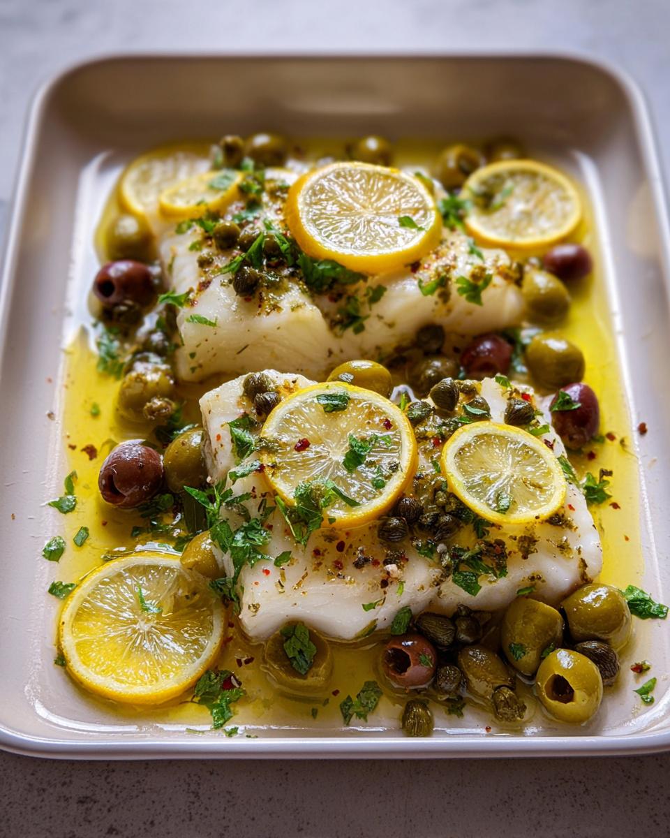 Two fillets of baked white fish topped with lemon slices, capers, olives, and herbs, perfect for quick veggie sides recipes.