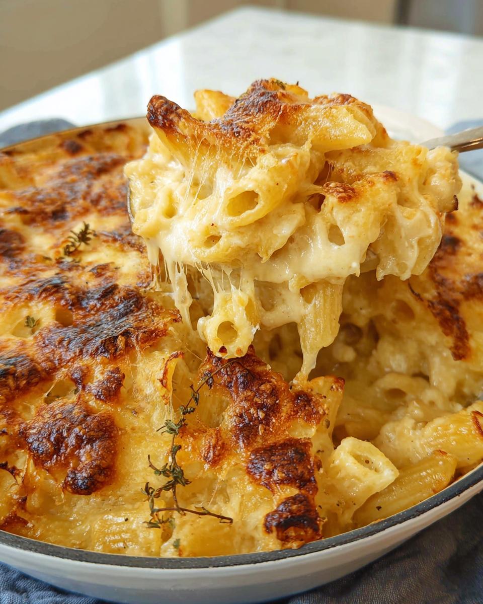 A spoonful of baked pasta casserole being lifted, showing extreme cheese pull from the rich, bubbly, and browned topping.