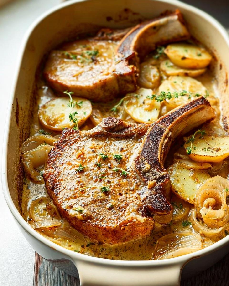 Two bone-in pork chops baked in a creamy sauce with sliced potatoes and onions, perfect for busy weeknights.