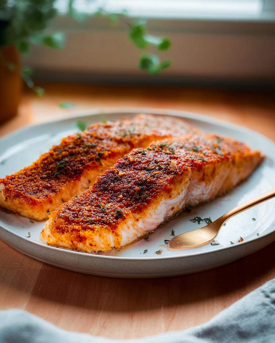 Two seasoned and baked salmon fillets with a crispy crust served on a white plate, part of The Ultimate Salmon Recipes Guide for Beginners.