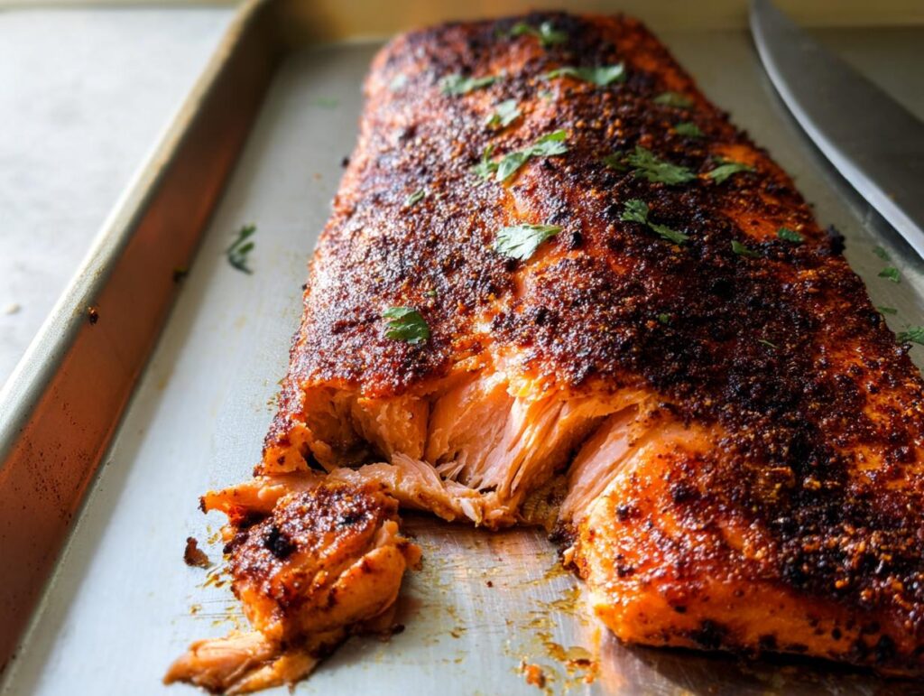 Close-up of a large, perfectly baked salmon fillet with a dark spice rub, flaking easily on a metal baking sheet.