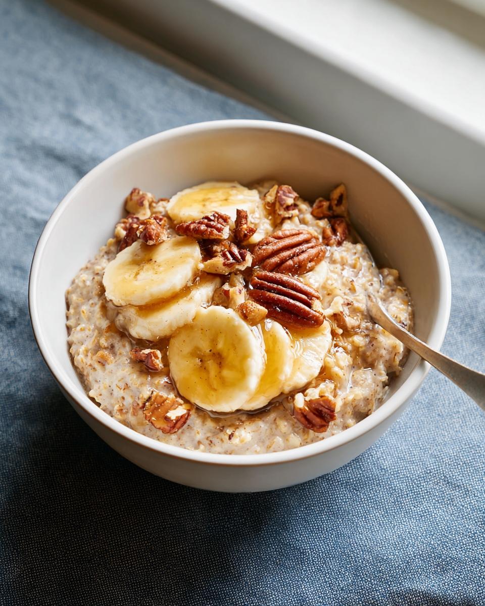 A bowl of creamy oatmeal topped with sliced bananas, pecans, and honey, perfect for one of the 12 Genius Breakfast Ideas Recipes Ideas for Busy Weeknights.