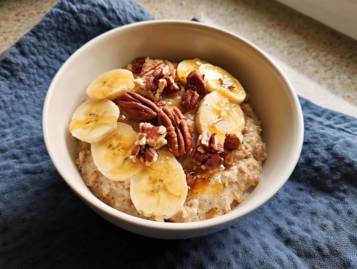A bowl of creamy oatmeal topped with sliced bananas, pecans, and a drizzle of honey, perfect for quick breakfast ideas.