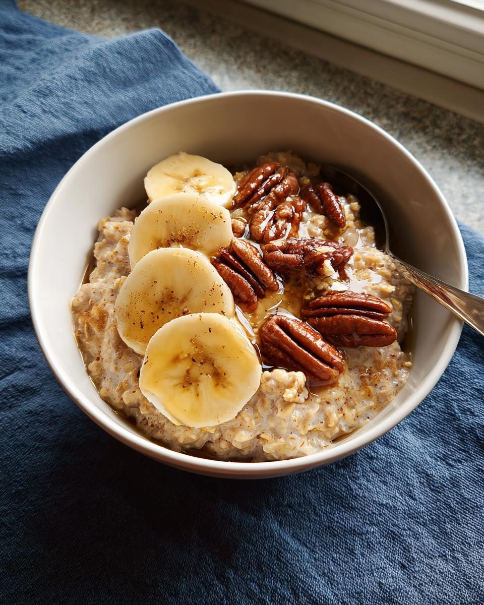 A bowl of warm oatmeal topped with banana slices, pecans, and drizzled with syrup, one of the 12 Genius Breakfast Ideas Recipes Ideas for Busy Weeknights.