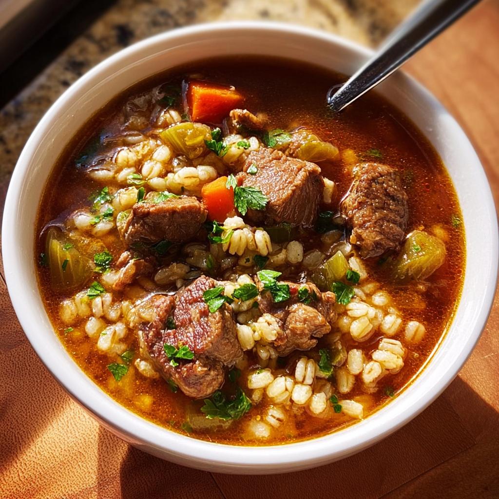 Close-up of a bowl of hearty beef barley soup with carrots and celery, perfect for Soup Recipes Meal Prep That Actually Tastes Great.