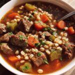 Close-up of a hearty bowl of beef and barley soup, one of the best Soup Recipes Meal Prep That Actually Tastes Great.
