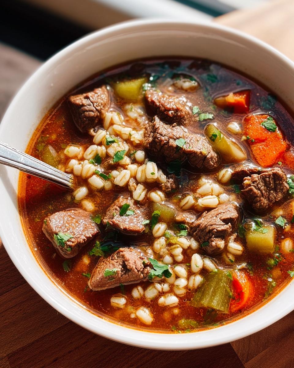 Close-up of a hearty beef and barley soup with carrots and celery, perfect for Soup Recipes Meal Prep That Actually Tastes Great.