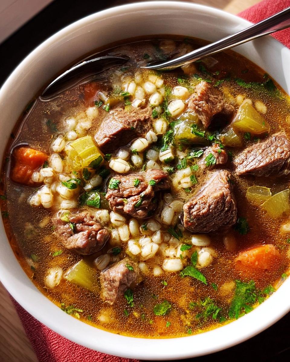 Close-up of hearty beef and barley soup with carrots and celery, perfect for Soup Recipes Meal Prep.