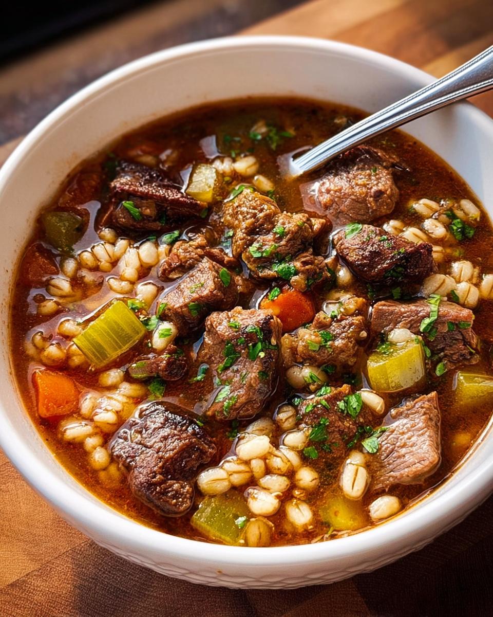 Close-up of a hearty beef and barley soup with vegetables, perfect for Soup Recipes Meal Prep That Actually Tastes Great.