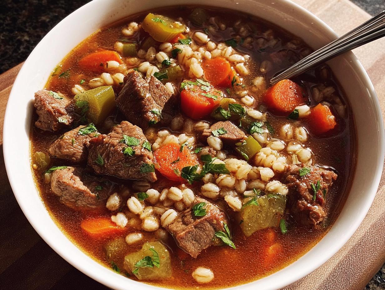 Close-up of a hearty bowl of beef and barley soup, one of the best Soup Recipes Meal Prep That Actually Tastes Great.