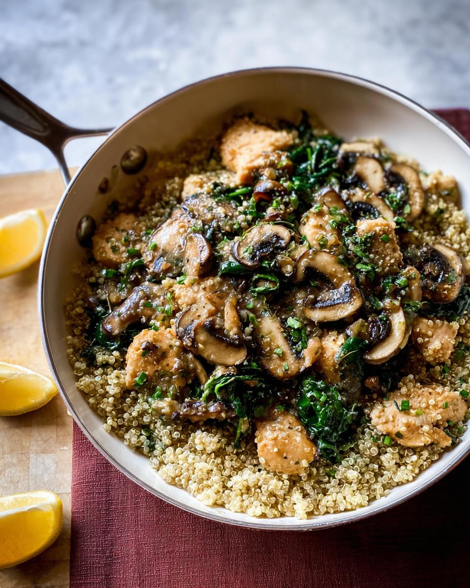 One-pan chicken pieces with sautéed mushrooms and spinach served over quinoa, part of The Ultimate Chicken Recipes Guide for Beginners.