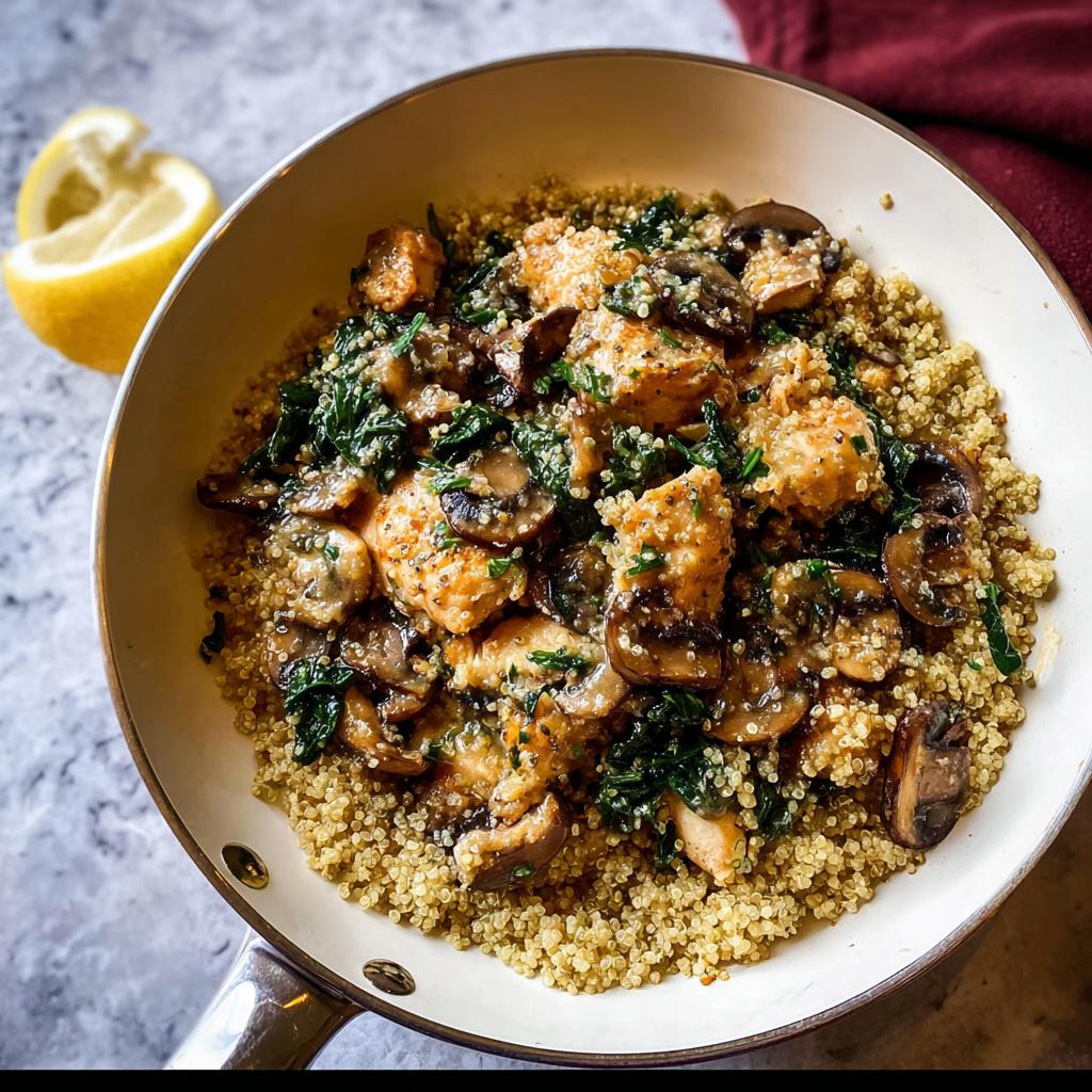 Pan-seared chicken pieces with mushrooms and spinach served over quinoa, part of The Ultimate Chicken Recipes Guide for Beginners.