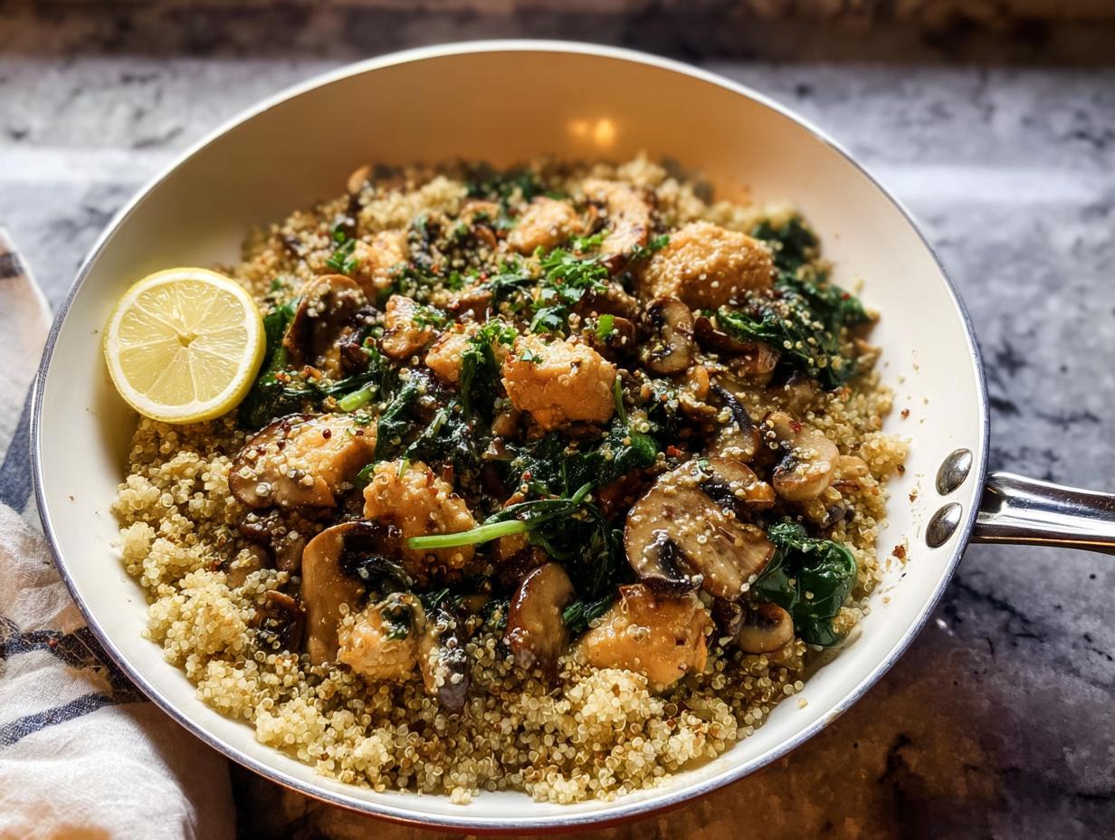 A skillet filled with quinoa topped with sautéed chicken pieces, mushrooms, spinach, and a lemon wedge, illustrating one of The Ultimate Chicken Recipes Guide for Beginners.