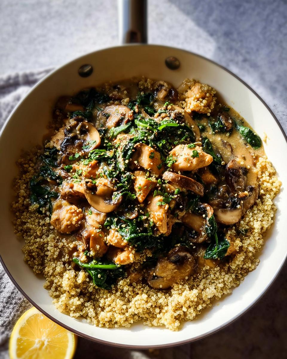 A creamy chicken and mushroom skillet served over a bed of quinoa, a great beginner chicken recipe.