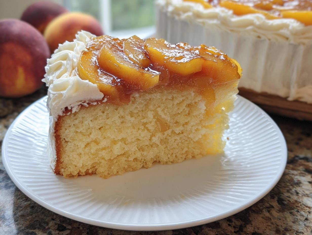 Slice of fluffy yellow cake topped with whipped cream and glazed peaches, a great cake idea for beginners.
