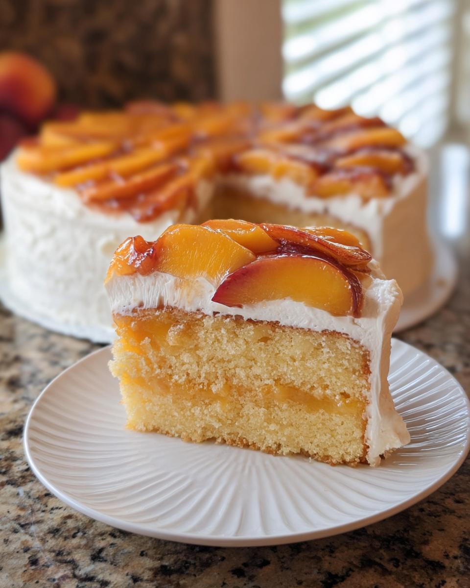 A slice of layered vanilla cake filled with peach preserves and topped with whipped cream and fresh peach slices, part of The Ultimate Cake Ideas Recipes Guide for Beginners.