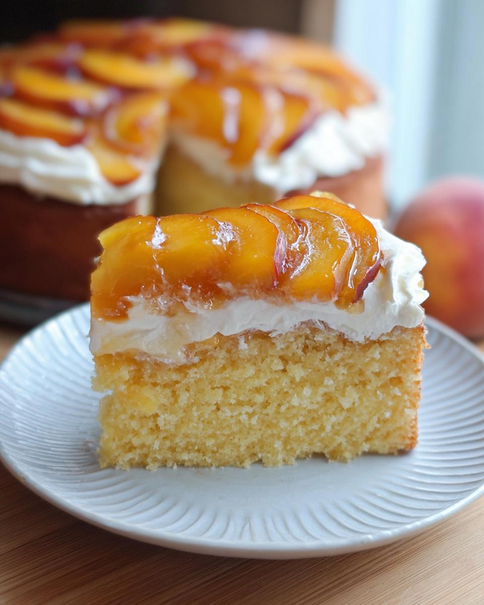 A slice of moist yellow cake topped with whipped cream and glazed peach slices, part of The Ultimate Cake Ideas Recipes Guide for Beginners.