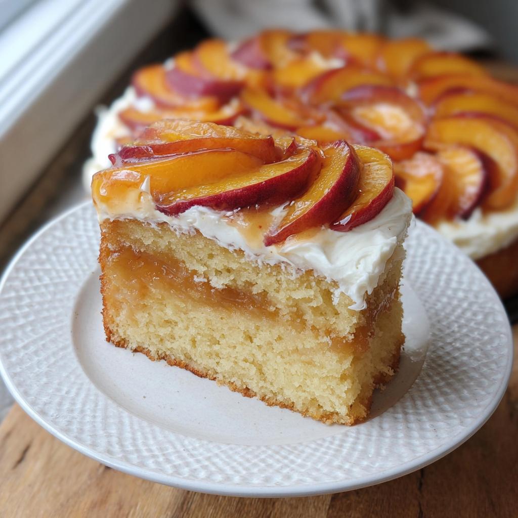 A slice of fluffy layer cake with peach filling, white frosting, and fresh peach slices on top, perfect for cake ideas recipes.