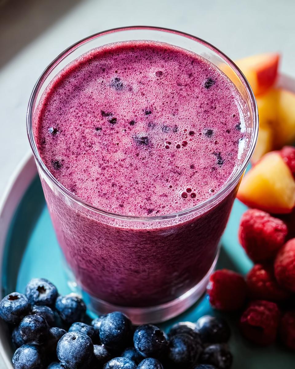 Close-up of a vibrant purple berry smoothie in a glass, surrounded by fresh blueberries and raspberries.