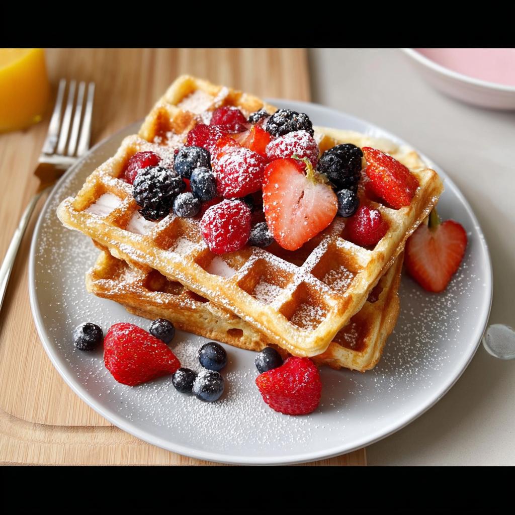 Stack of two golden waffles topped with fresh strawberries, blueberries, and raspberries, dusted with powdered sugar. A perfect example of What I Cook When I Crave Breakfast Ideas Recipes.