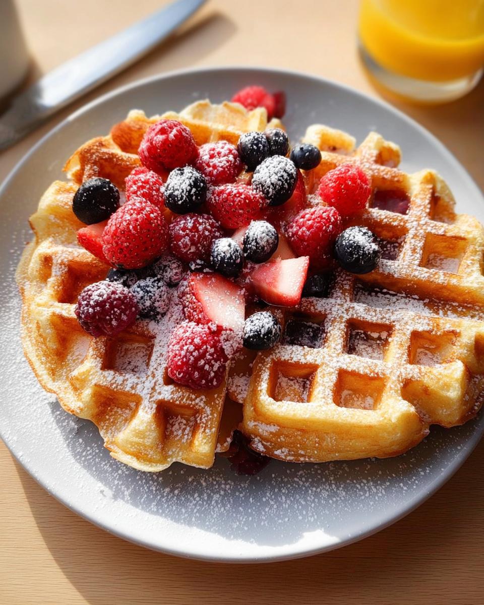 Golden waffles topped with fresh raspberries, blueberries, strawberries, and powdered sugar—a perfect example of What I Cook When I Crave Breakfast Ideas Recipes.