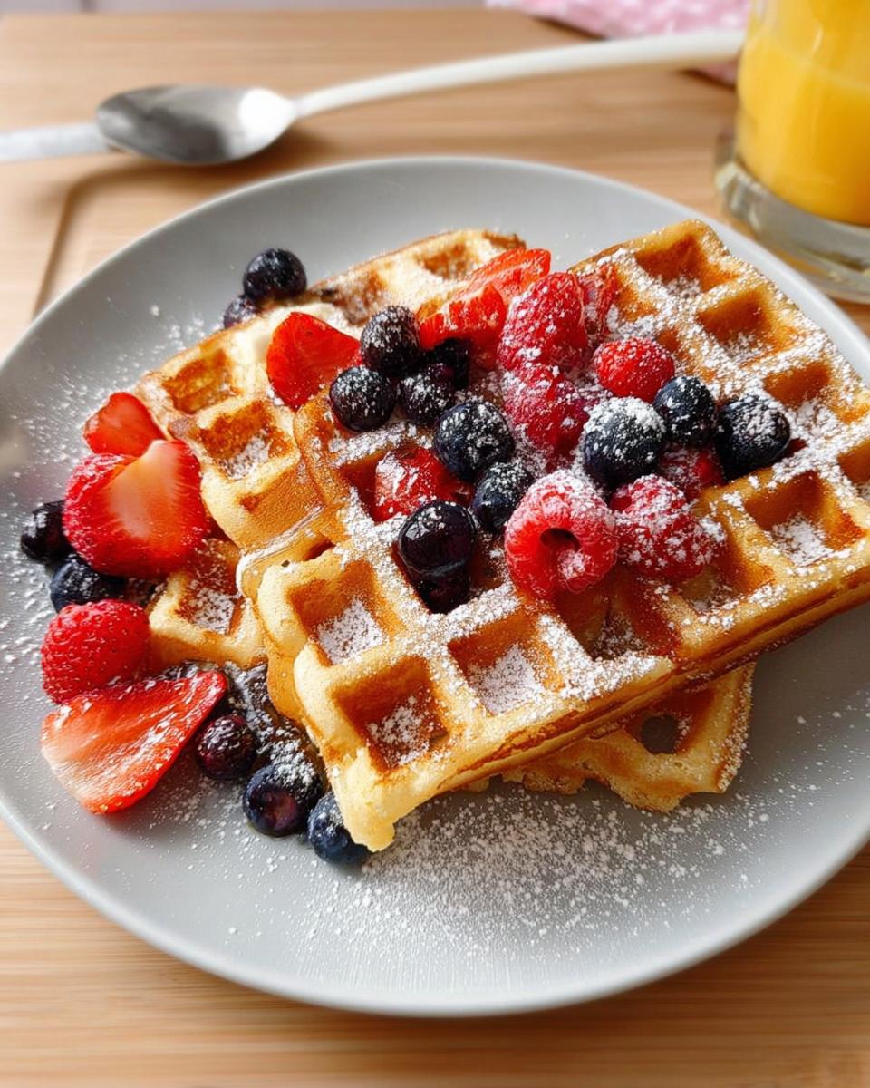 Two golden waffles topped with fresh strawberries, blueberries, and raspberries, dusted with powdered sugar, perfect for breakfast ideas recipes.