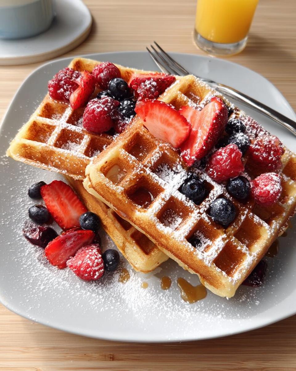 Two golden waffles topped with fresh mixed berries, powdered sugar, and syrup, perfect for breakfast ideas recipes.