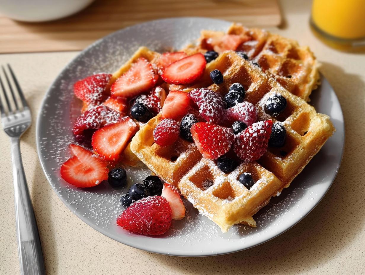 Two golden waffles topped with fresh strawberries, blueberries, raspberries, and powdered sugar, perfect for breakfast ideas recipes.