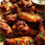 Close-up of perfectly cooked, glazed chicken wings recipes, garnished with fresh parsley.