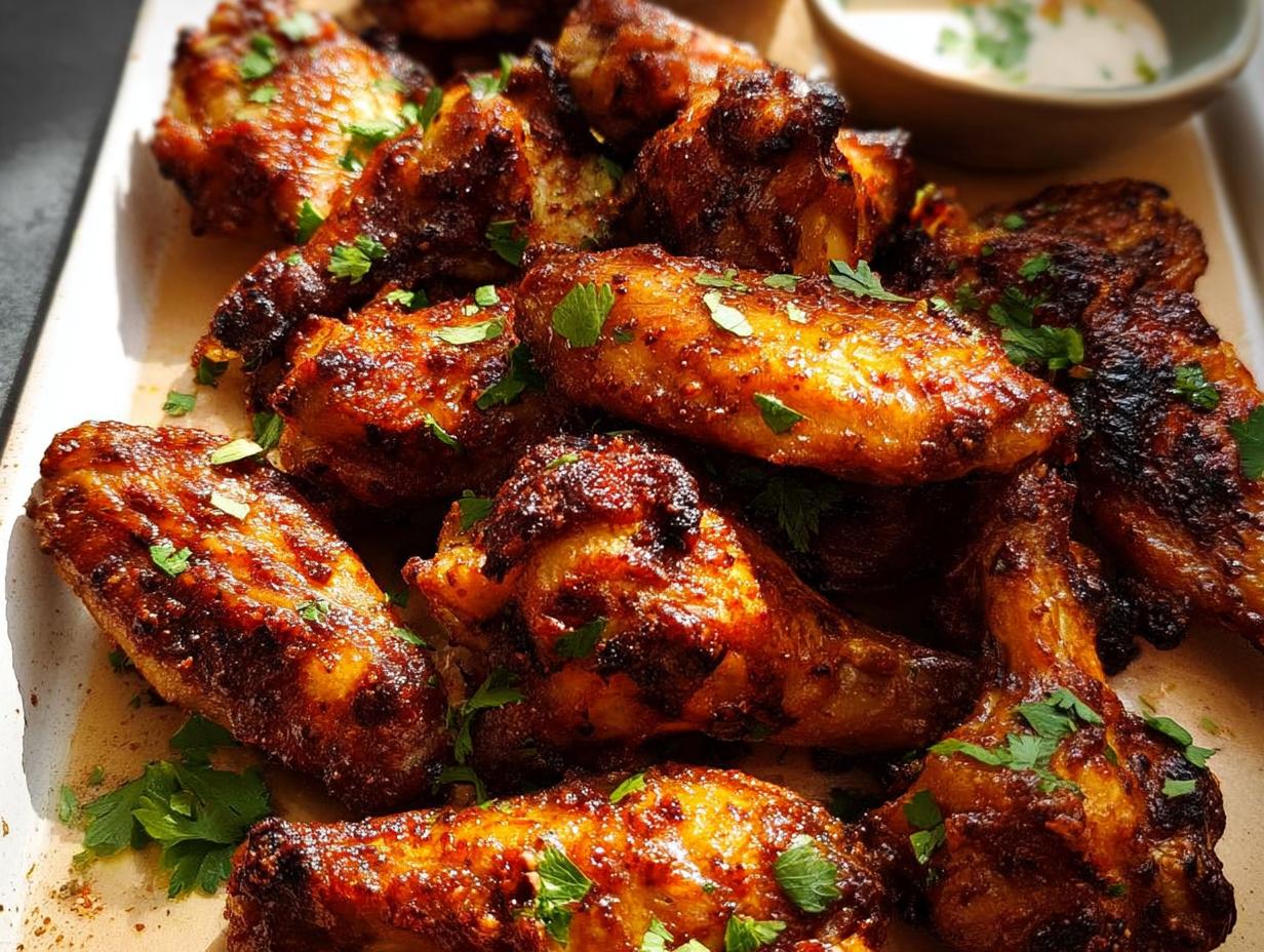 Close-up of perfectly cooked, glazed chicken wings recipes, garnished with fresh parsley.