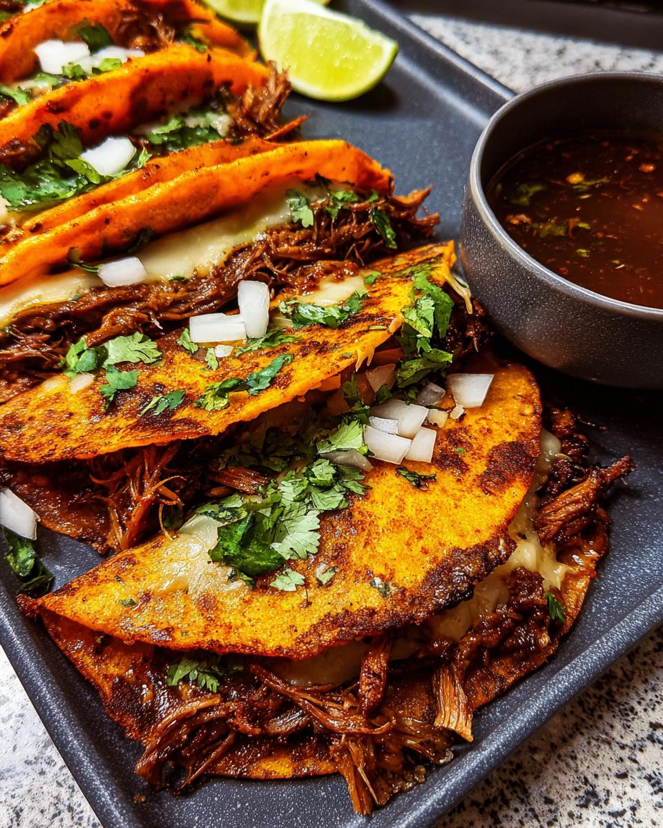 Close-up of cheesy, shredded beef birria tacos topped with cilantro and onion, served with consommé for The Ultimate Taco Tuesday Recipes Guide.