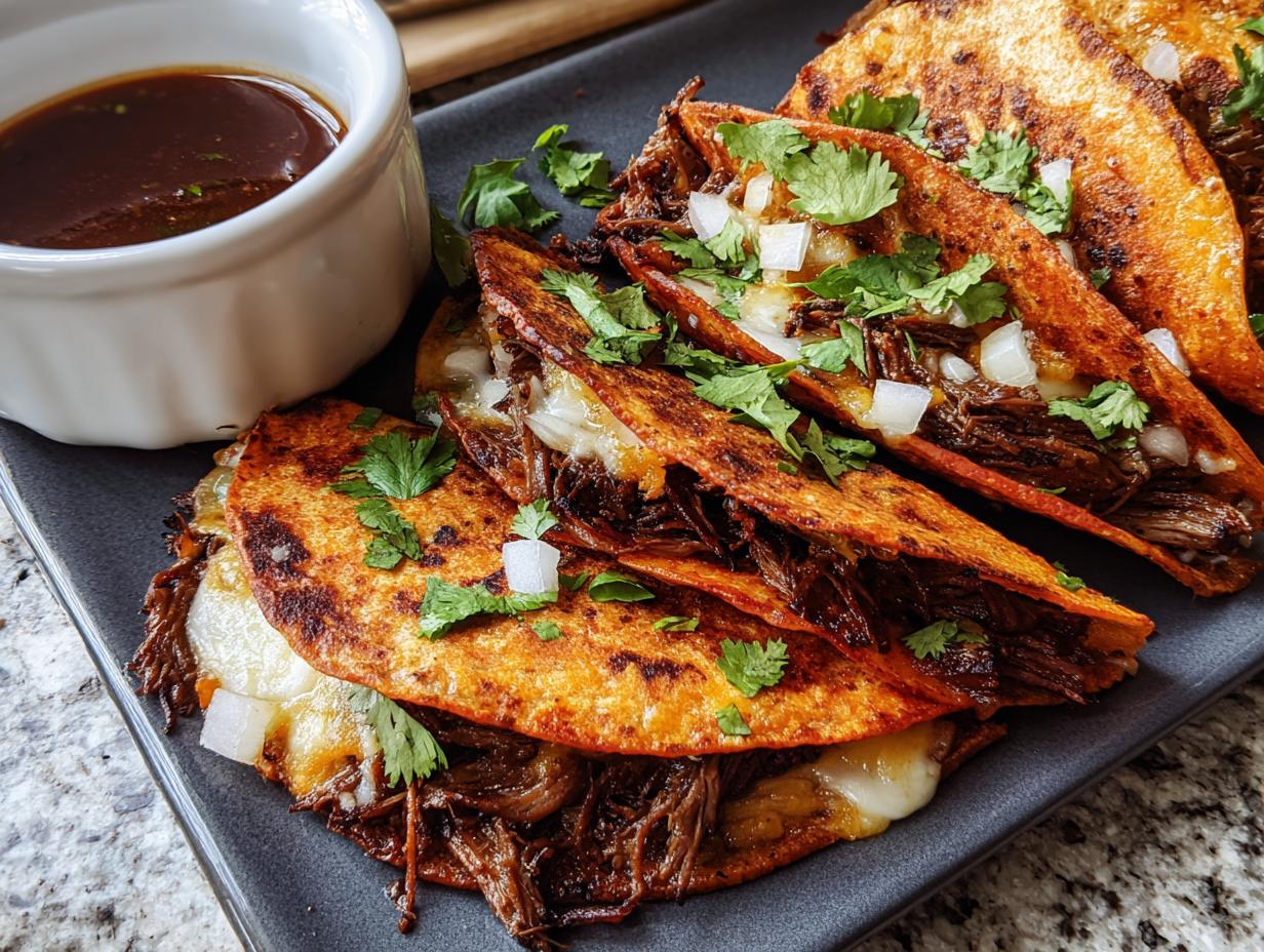 Close-up of cheesy birria tacos topped with cilantro and onion, served with a side of consommé for The Ultimate Taco Tuesday Recipes Guide.