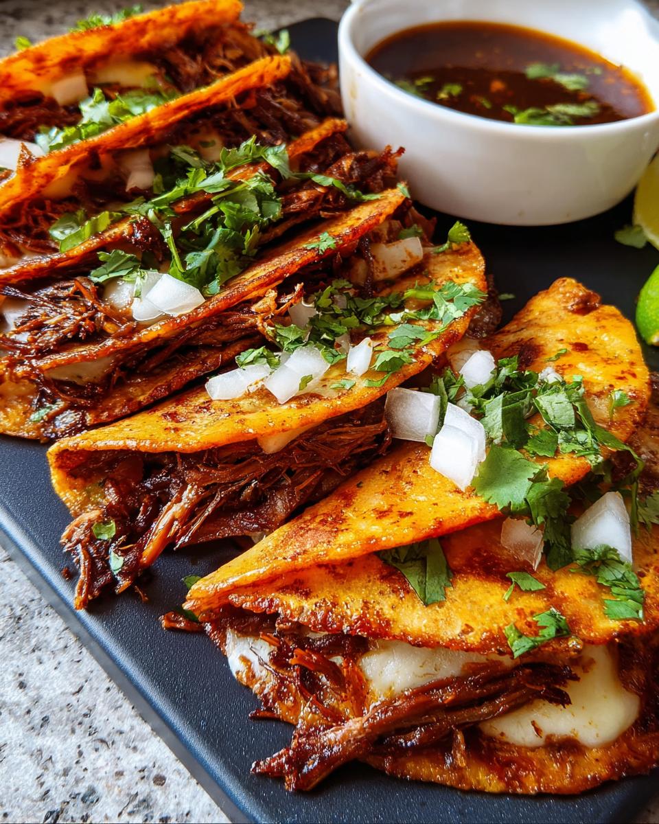 Close-up of cheesy, saucy birria tacos topped with diced onion and cilantro, perfect for Taco Tuesday.