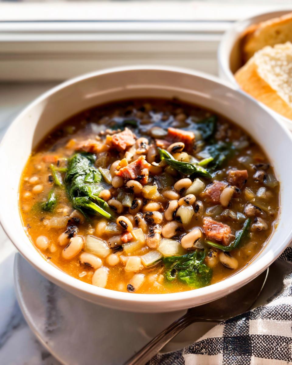 A close-up of a bowl of hearty black-eyed pea soup with ham and spinach, perfect for The Ultimate Soup Recipes Guide for Beginners.