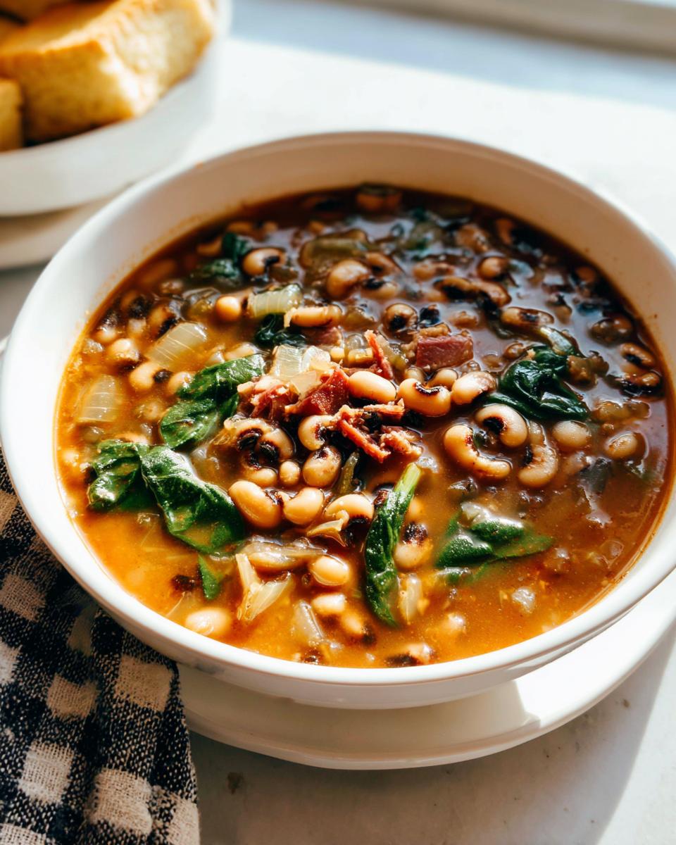 A bowl of hearty black-eyed pea soup with spinach and bacon, perfect for The Ultimate Soup Recipes Guide for Beginners.